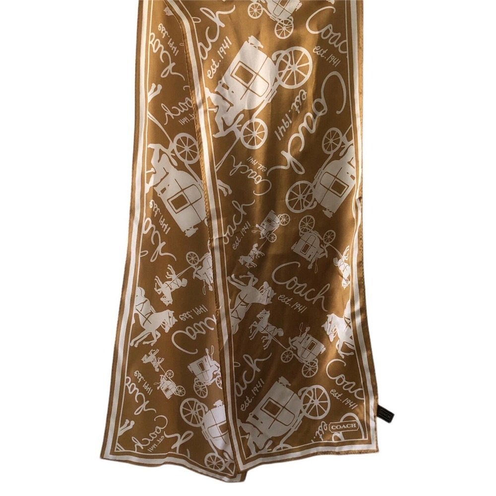 Coach scarf gold carriage pattern 100% silk 27×150 cm Used Japan